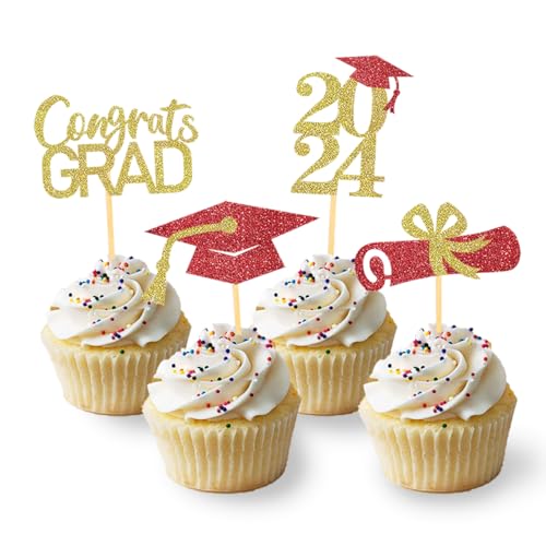 24 Stück Glitzer 2024 Graduation Cupcake Toppers, Abschlussfeier Cupcake toppers, Bachelor Hut Deko, Abschluss Deko für Graduation Abschlussparty Dekoration (rot & gold) von Moitkptt