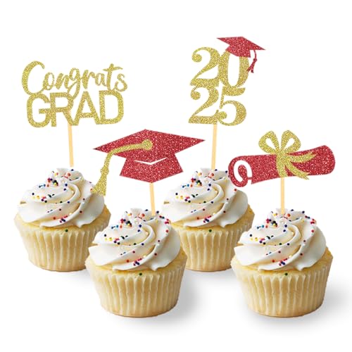 24 Stück Glitzer 2025 Graduation Cupcake Toppers, Abschlussfeier Cupcake toppers, Bachelor Hut Deko, Abschluss Deko für Graduation Abschlussparty Dekoration (rot & gold) von Moitkptt