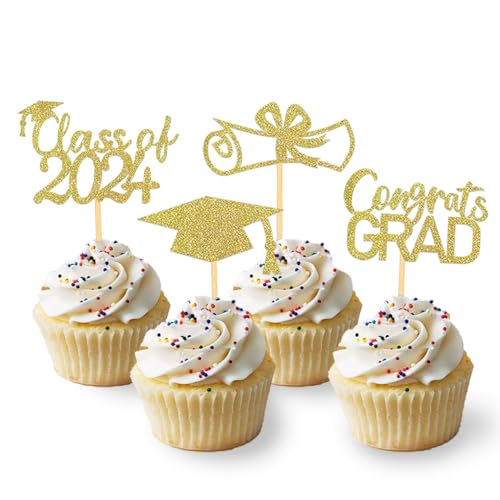 24 Stück Glitzer 2024 Graduation Cupcake Toppers, Abschluss Deko, Bachelor Hut Deko für Abschlussfeier Party, Graduation Dekoration (Gold) von Moitkptt