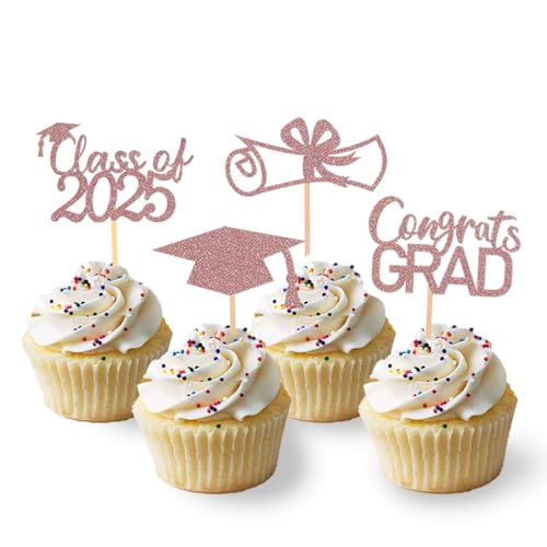 24 Stück Glitzer 2025 Graduation Cupcake Toppers, Abschluss Deko, Bachelor Hut Deko für Abschlussfeier Party, Graduation Dekoration (Rosegold) von Moitkptt