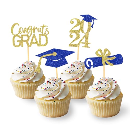 24 Stück Glitzer 2024 Graduation Cupcake Toppers, Abschlussfeier Cupcake toppers, Bachelor Hut Deko, Abschluss Deko für Graduation Abschlussparty Dekoration (blau & gold) von Moitkptt