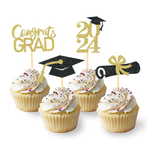 24 Stück Glitzer 2024 Graduation Cupcake Toppers, Abschlussfeier Cupcake toppers, Bachelor Hut Deko, Abschluss Deko für Graduation Abschlussparty Dekoration (schwarz & gold) von Moitkptt