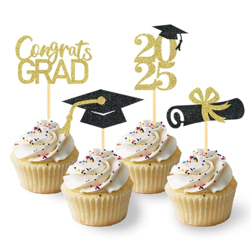 24 Stück Glitzer 2024 Graduation Cupcake Toppers, Abschlussfeier Cupcake toppers, Bachelor Hut Deko, Abschluss Deko für Graduation Abschlussparty Dekoration (schwarz & gold) von Moitkptt