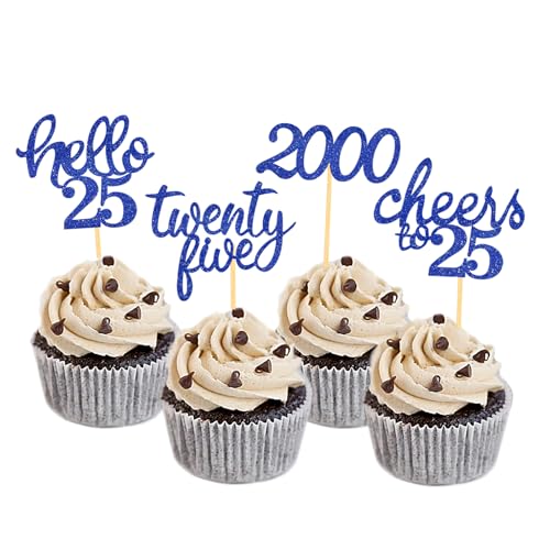 24 Stück Glitzer 25. Geburtstag Cupcake Toppers, Geburtstagsdeko 25 von 2000 für 25. Geburtstag Junge, 25 Geburtstagsfeier Zubehör Party Dekoration Kuchendekoration (Blau) von Moitkptt