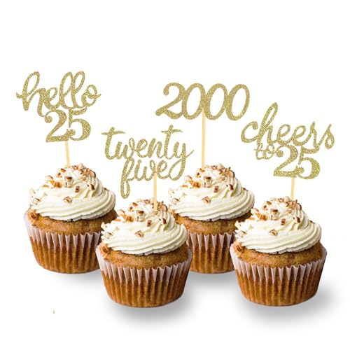 24 Stück Glitzer 25. Geburtstag Cupcake Toppers, Geburtstagsdeko 25 von 2000 für 25. Geburtstag Junge, 25 Geburtstagsfeier Zubehör Party Dekoration Kuchendekoration (Gold) von Moitkptt