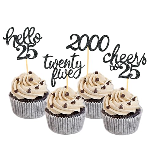 24 Stück Glitzer 25. Geburtstag Cupcake Toppers, Geburtstagsdeko 25 von 2000 für 25. Geburtstag Junge, 25 Geburtstagsfeier Zubehör Party Dekoration Kuchendekoration (Schwarz) von Moitkptt