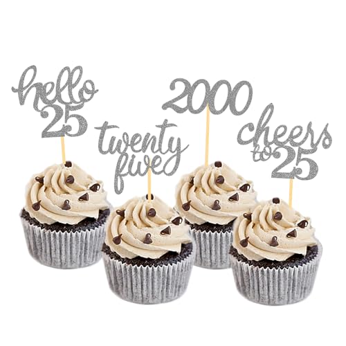 24 Stück Glitzer 25. Geburtstag Cupcake Toppers, Tortendeko Silberhochzeit, Geburtstagsdeko 25 von 2000 für 25. Geburtstag Party Deko, 25 Hochzeitstag Kuchendeko (Silber) von Moitkptt