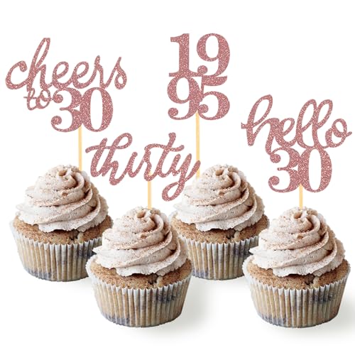 24 Stück Glitzer 30. Geburtstag Cupcake Topper Geburtstagsdeko von 1995 für 30 Geburtstagsfeier Zubehör Party Dekoration Kuchendekoration (Rose Gold) von Moitkptt