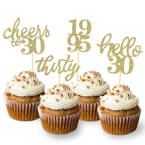 24 Stück Glitzer 30. Geburtstag Cupcake Topper Geburtstagsdeko von 1995 für 30 Geburtstagsfeier Zubehör Party Dekoration Kuchendekoration (Gold) von Moitkptt
