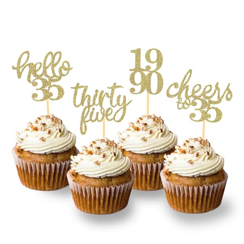 24 Stück Glitzer 35. Geburtstag Cupcake Toppers, Geburtstagsdeko 35 von 1990 für 35. Geburtstag Junge, 35 Geburtstagsfeier Zubehör Party Dekoration Kuchendekoration (Gold) von Moitkptt