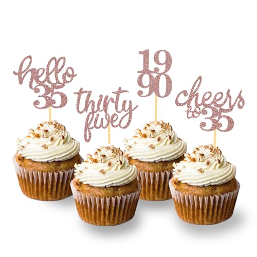 24 Stück Glitzer 35. Geburtstag Cupcake Toppers, Geburtstagsdeko 35 von 1990 für 35. Geburtstag Junge, 35 Geburtstagsfeier Zubehör Party Dekoration Kuchendekoration (Rose Gold) von Moitkptt