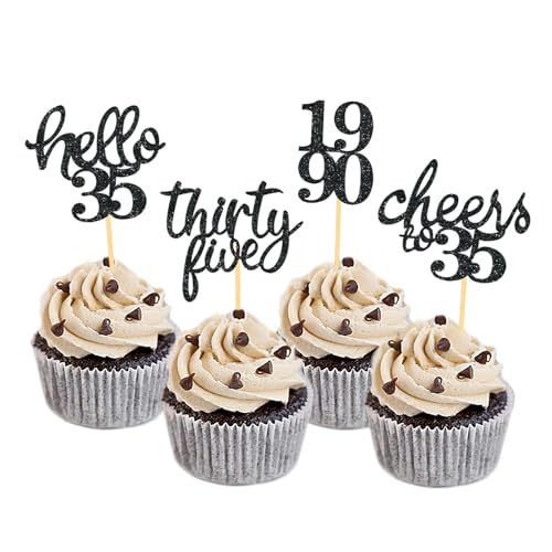 24 Stück Glitzer 35. Geburtstag Cupcake Toppers, Geburtstagsdeko 35 von 1990 für 35. Geburtstag Junge, 35 Geburtstagsfeier Zubehör Party Dekoration Kuchendekoration (Schwarz) von Moitkptt