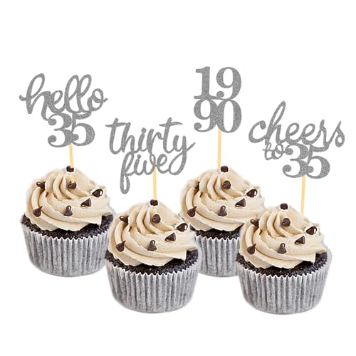 24 Stück Glitzer 35. Geburtstag Cupcake Toppers, Geburtstagsdeko 35 von 1990 für 35. Geburtstag Junge, 35 Geburtstagsfeier Zubehör Party Dekoration Kuchendekoration (Silber) von Moitkptt