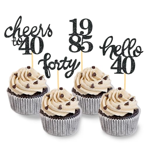 24 Stück Glitzer 40. Geburtstag Cupcake Topper, Geburtstagsdeko 40 von 1985 für Deko 40 Geburtstag, 40 Geburtstagsfeier Zubehör Party Dekoration Kuchendekoration (Schwarz) von Moitkptt