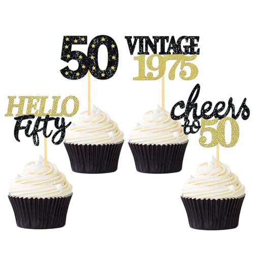24 Stück Glitzer 50. Geburtstag Cupcake Topper, Geburtstagsdeko 50 von 1975 für Deko zum 50.Geburtstag, 50 Geburtstagsfeier Zubehör Party Dekoration Kuchendekoration (Schwarz & Gold) von Moitkptt