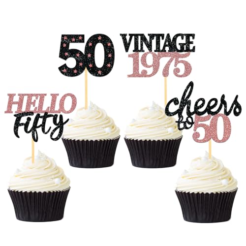 24 Stück Glitzer 50. Geburtstag Cupcake Topper, Geburtstagsdeko 50 von 1975 für Deko zum 50.Geburtstag, 50 Geburtstagsfeier Zubehör Party Dekoration Kuchendekoration (Schwarz & Rose Gold) von Moitkptt