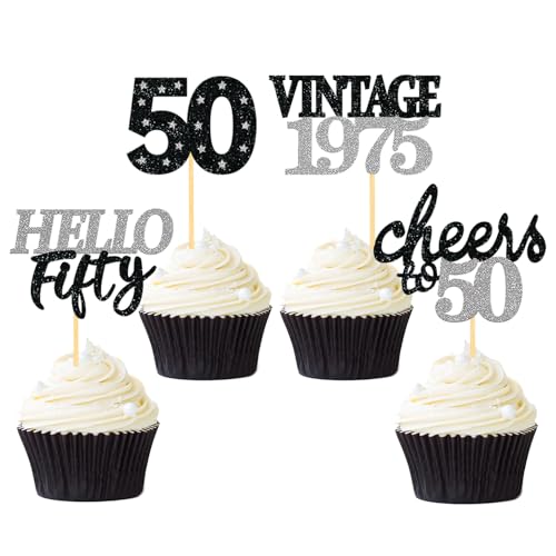 24 Stück Glitzer 50. Geburtstag Cupcake Topper, Geburtstagsdeko 50 von 1975 für Deko zum 50.Geburtstag, 50 Geburtstagsfeier Zubehör Party Dekoration Kuchendekoration (Schwarz & Silber) von Moitkptt