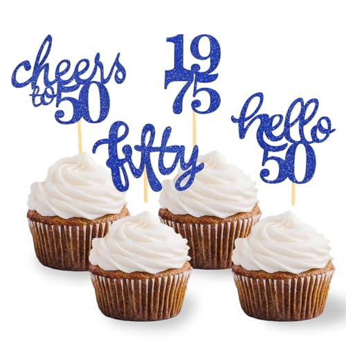 24 Stück Glitzer 50. Geburtstag Cupcake Topper, Geburtstagsdeko 50 von 1975 für Deko zum 50.Geburtstag, 50 Geburtstagsfeier Zubehör Party Dekoration Kuchendekoration (Blau) von Moitkptt