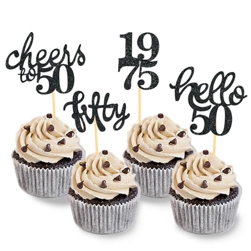 24 Stück Glitzer 50. Geburtstag Cupcake Topper, Geburtstagsdeko 50 von 1975 für Deko zum 50.Geburtstag, 50 Geburtstagsfeier Zubehör Party Dekoration Kuchendekoration (Schwarz) von Moitkptt