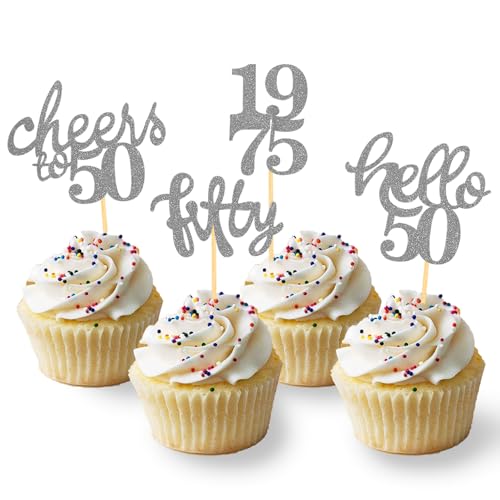 24 Stück Glitzer 50. Geburtstag Cupcake Topper, Geburtstagsdeko 50 von 1975 für Deko zum 50.Geburtstag, 50 Geburtstagsfeier Zubehör Party Dekoration Kuchendekoration (Silber) von Moitkptt