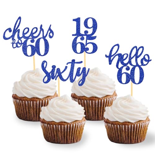 24 Stück Glitzer 60. Geburtstag Cupcake Topper Geburtstagsdeko von 1965 für 60 Geburtstagsfeier Zubehör Party Dekoration Kuchendekoration (Blau) von Moitkptt