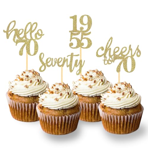 24 Stück Glitzer 70. Geburtstag Cupcake Topper, 70 Geburtstag Deko von 1955 für 70 Geburtstagsfeier Zubehör Party Dekoration Kuchendekoration (Gold) von Moitkptt