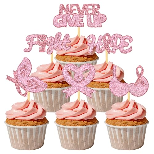 24 Stück Glitzer Brustkrebs Bewusstsein Cupcake Toppers, Rosa Ribbon Kuchendeko, Breast Cancer Awareness Tortendeko für Frauengesundheit, Brustkrebs, Rosa Schleife Party Deko (Hope Pink) von Moitkptt