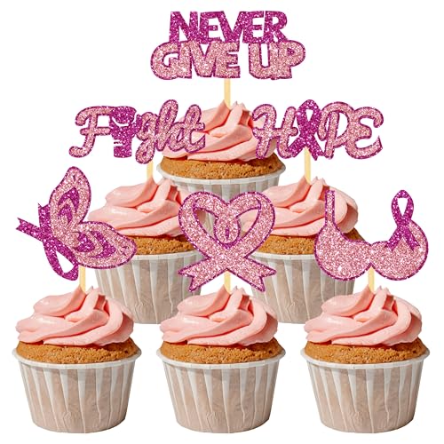24 Stück Glitzer Brustkrebs Bewusstsein Cupcake Toppers, Rosa Ribbon Kuchendeko, Breast Cancer Awareness Tortendeko für Frauengesundheit, Brustkrebs, Rosa Schleife Party Deko (Hope Rosa) von Moitkptt