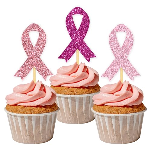 24 Stück Glitzer Brustkrebs Bewusstsein Cupcake Toppers, Rosa Ribbon Kuchendeko, Rosa Schleife Tortendeko für Frauengesundheit, Brustkrebs, Breast Cancer Awareness Party Deko (Rose Ribbon) von Moitkptt
