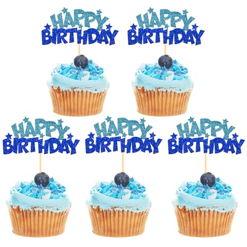 24 Stück Glitzer Geburtstag Cupcake Toppers, Happy Birthday Geburtstagsdeko, Alles Gute zum Geburtstag Kuchendekoration für Geburtstagsfeier Zubehör Party Dekoration (Blau) von Moitkptt