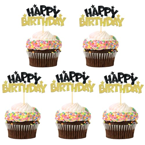 24 Stück Glitzer Geburtstag Cupcake Toppers, Happy Birthday Geburtstagsdeko, Alles Gute zum Geburtstag Kuchendekoration für Geburtstagsfeier Zubehör Party Dekoration (Gold) von Moitkptt