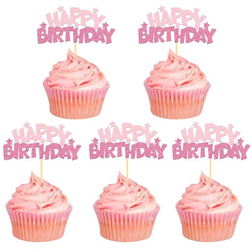 24 Stück Glitzer Geburtstag Cupcake Toppers, Happy Birthday Geburtstagsdeko, Alles Gute zum Geburtstag Kuchendekoration für Geburtstagsfeier Zubehör Party Dekoration (Pink) von Moitkptt