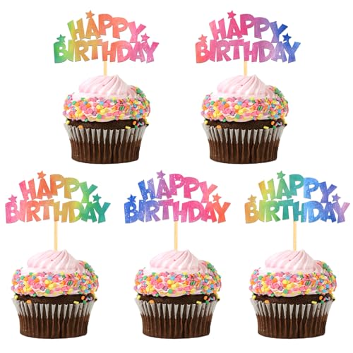 24 Stück Glitzer Geburtstag Cupcake Toppers, Happy Birthday Geburtstagsdeko, Alles Gute zum Geburtstag Kuchendekoration für Geburtstagsfeier Zubehör Party Dekoration (Regenbogen) von Moitkptt