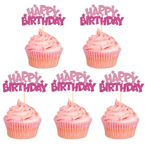 24 Stück Glitzer Geburtstag Cupcake Toppers, Happy Birthday Geburtstagsdeko, Alles Gute zum Geburtstag Kuchendekoration für Geburtstagsfeier Zubehör Party Dekoration (Rosa) von Moitkptt