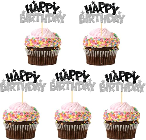 24 Stück Glitzer Geburtstag Cupcake Toppers, Happy Birthday Geburtstagsdeko, Alles Gute zum Geburtstag Kuchendekoration für Geburtstagsfeier Zubehör Party Dekoration (Silber) von Moitkptt