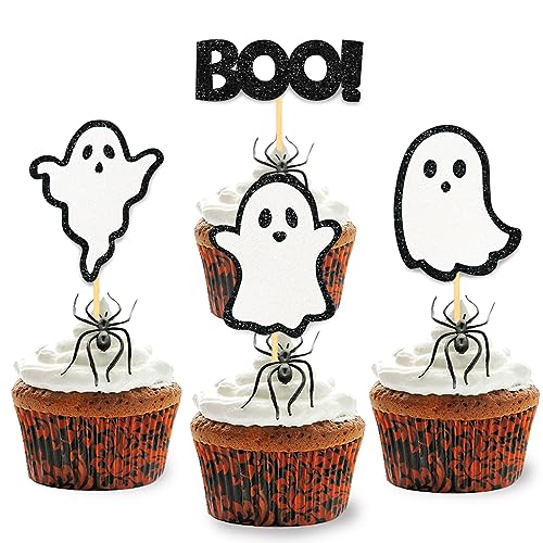 24 Stück Glitzer Halloween Cupcake Topper, Geist Kuchendeko, Baby Shower Tortendeko für Party, Babyparty, Geschlecht Verkünden, Schwangerschaft Dekoration (Schwarz) von Moitkptt