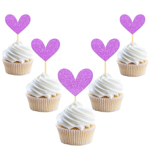 24 Stück Glitzer Liebe Herz Cupcake Toppers, Muttertag Deko Tortendeko, Hochzeit Gemischte Größe Kuchendeko für Valentinstag Jahrestag Braut Geburtstag Heiratsantrag Verlobung Party Deko (Lila) von Moitkptt