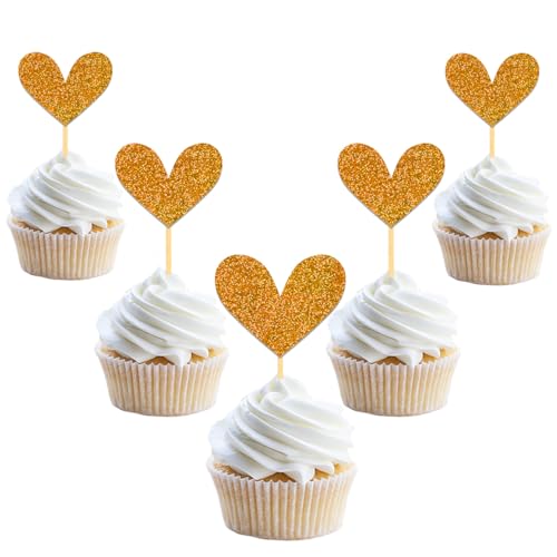 24 Stück Glitzer Liebe Herz Cupcake Toppers, Muttertag Deko Tortendeko, Valentinstag Kuchendeko Goldene Hochzeit für Goldene Hochzeit Deko, Valentinstag Jahrestag Braut Heiratsantrag Verlobung Deko von Moitkptt