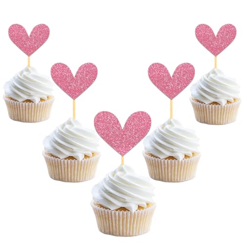 24 Stück Glitzer Liebe Herz Cupcake Toppers, Muttertag Deko Tortendeko, Hochzeit Gemischte Größe Kuchendeko für Valentinstag Jahrestag Braut Geburtstag Heiratsantrag Verlobung Party Deko (Pink) von Moitkptt