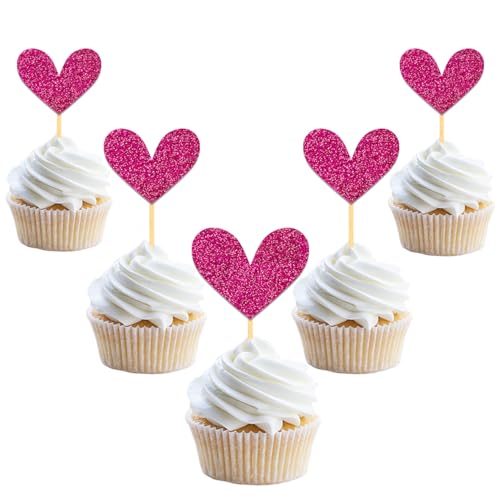 24 Stück Glitzer Liebe Herz Cupcake Toppers, Muttertag Deko Tortendeko, Hochzeit Gemischte Größe Kuchendeko für Valentinstag Jahrestag Braut Geburtstag Heiratsantrag Verlobung Party Deko (Rose) von Moitkptt