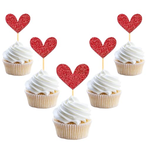 24 Stück Glitzer Liebe Herz Cupcake Toppers, Muttertag Deko Tortendeko, Valentinstag Rubinhochzeit Gemischte Größe Kuchendeko für Jahrestag Braut Geburtstag Heiratsantrag Verlobung Party Deko (Rot) von Moitkptt