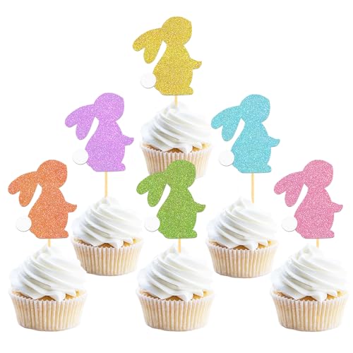 24 Stück Glitzer Ostern Kaninchen Cupcake Toppers, Ostern Tortendeko, Hase Kuchen Deko für Osterfest Party Dekoration (Häschen) von Moitkptt