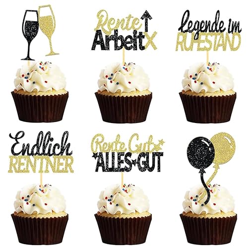 24 Stück Glitzer Rente Deko Cupcake Toppers, Ruhestand Deko Cake Toppers, Endlich Rente Kuchendeko, Pension Tortendeko für Rentner und Rentnerin Retirement Party (Gold) von Moitkptt