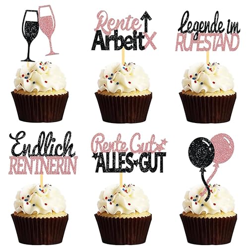 24 Stück Glitzer Rente Deko Cupcake Toppers, Ruhestand Deko Cake Toppers, Endlich Rente Kuchendeko, Pension Tortendeko für Rentnerin Retirement Party (Rose Gold) von Moitkptt