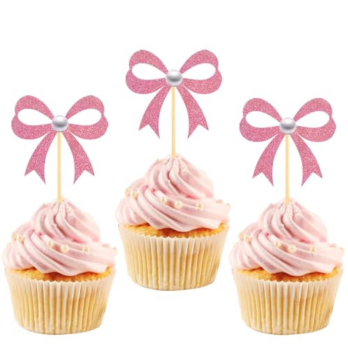24 Stück Glitzer Rosa Schleifen Cupcake Toppers, Tortendeko Schleifen, Rosa Schleifen Deko für Babyparty Deko Mädchen, Geburtstag, Hochzeit Jubiläum Dusche Party Dekoration (Perlen Schleife) von Moitkptt