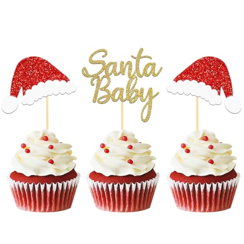 Moitkptt 24 Stück Glitzer Santa Baby Cupcake Toppers, erstes Jahr Weihnachten Tortendeko, Weihnachtsmütze Kuchen Deko für Weihnachten Baby Dusche, Babyshower, Geburtstagsparty Deko (Santa Baby-3) von Moitkptt