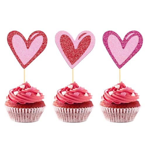 24 Stück Glitzer Muttertag Deko Cupcake Toppers, Herzen Kuchendeko, Valentinstag Tortendeko für Valentinstag Heiratsantrag Verlobung Hochzeit Party Deko (Herz) von Moitkptt