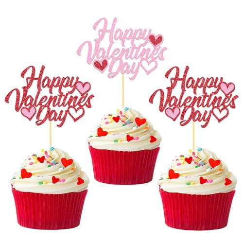 24 Stück Glitzer Valentinstag Cupcake Toppers, Valentinstag Kuchendeko, Happy Valentine's Day Tortendeko für Valentinstag Heiratsantrag Verlobung Hochzeit Party Deko (V Red/Pink) von Moitkptt