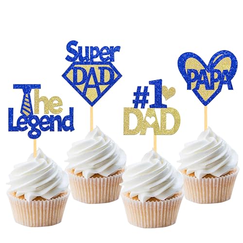 24 Stück Glitzer Vatertag Deko PAPA Cupcake Toppers, Vatertag Tortendeko, Father's day Geburtstag Deko für Vatertag Father's Day Geburtstag Party (PAPA Blau) von Moitkptt