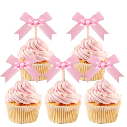 24 Stück Rosa Schleifen Cupcake Toppers, Tortendeko Schleifen, Rosa Schleifen Deko für Babyparty Deko Mädchen, Geburtstag, Hochzeit Jubiläum Dusche Party Dekoration (Rosa Schleife) von Moitkptt